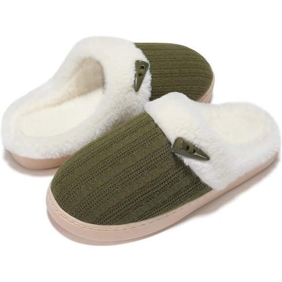 Women's Green Scuff Faux Fur Lining Memory Warm Foam Plush Slippers Shoes - Picture 8 of 8